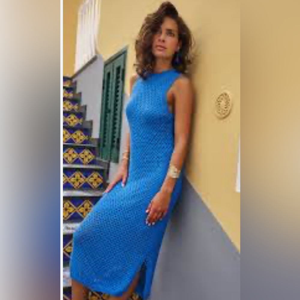NWT Esqualo bright blue crochet knit dress